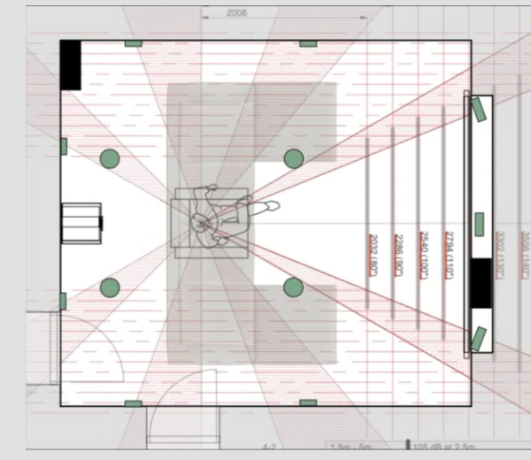 A plan drawing of a cinema room showing sightlines, screen sizes and speaker positions