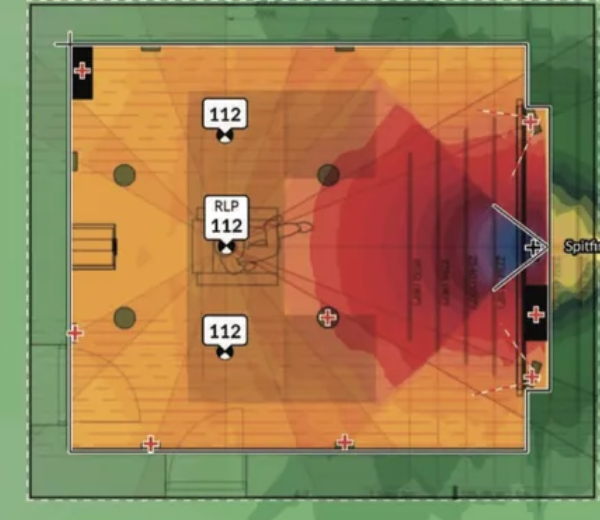 A sound pressure level plot across the seating area of the same cinema room