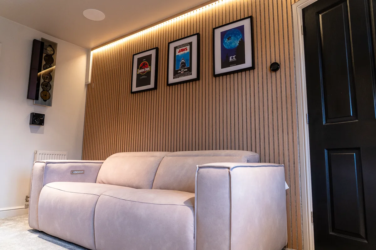 Acoustic treatment and speaker positions being set out in a cinema room
