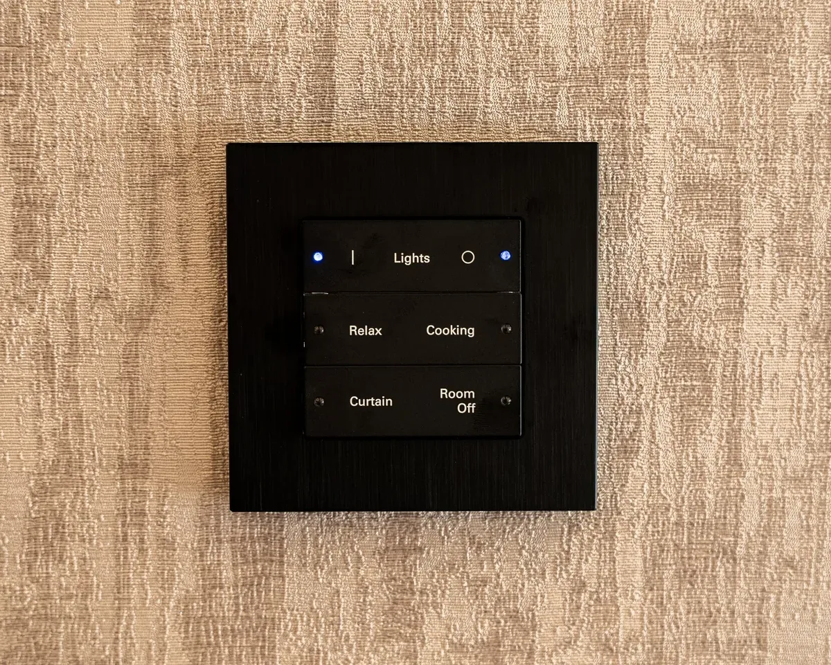 An engraved black Lutron keypad on a textured wall, scenes labelled Lights, Relax, Cooking, Curtain and Room Off