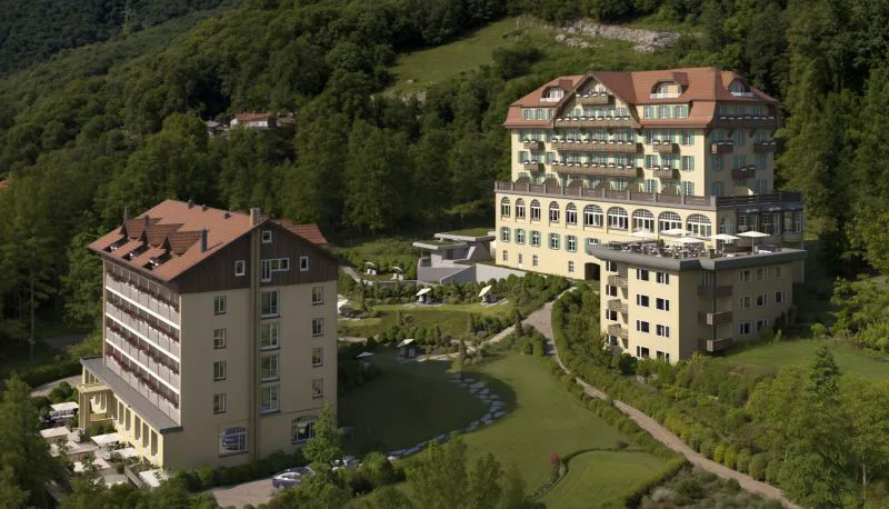 The hotel exterior in the snow
